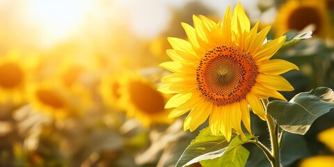 Obraz premium Vibrant sunflowers bloom in a rural field, beautifully illuminated by bright sunlight, showcasing the stunning colors and lively nature of sunflowers in their natural environment.