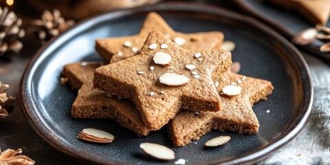 Fototapeta premium Gingerbread served on a plate garnished with sliced almond creates a delightful presentation, highlighting the rich flavors of gingerbread alongside the crunchy texture of almond.