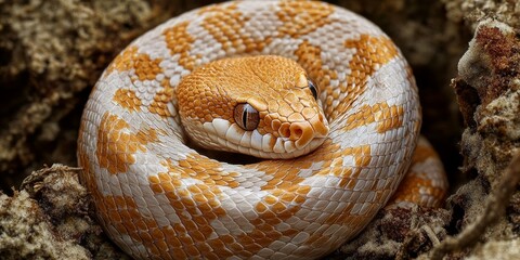 Fototapeta premium Diced snake curled in a ball, hiding its head under its body for protection. The diced snake s behavior reflects its instinct to conceal its potentially dangerous head from predators.