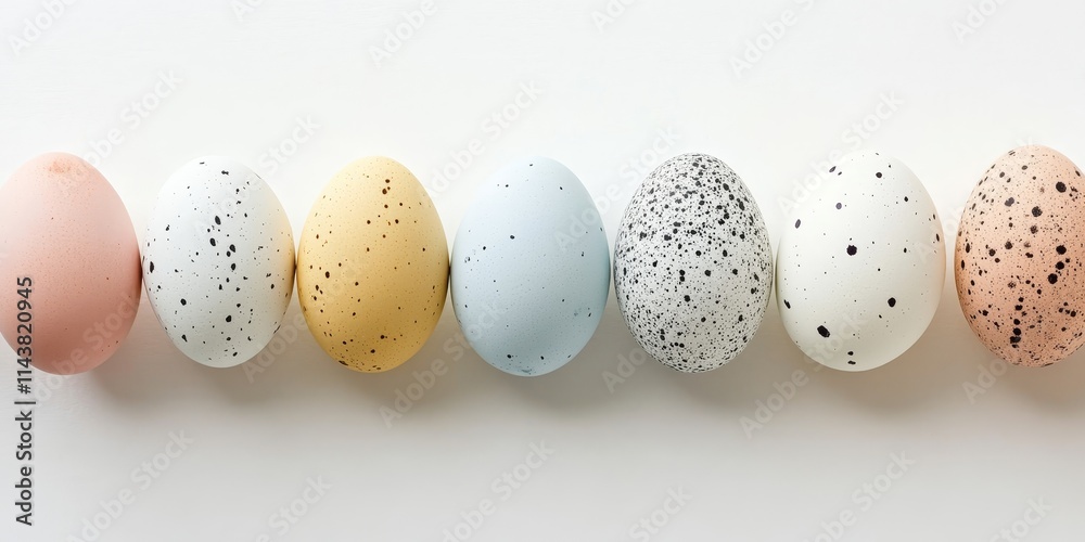 Poster Speckled Easter eggs arranged in a vertical line, creating a stylish display with negative space ideal for adding custom copy and enhancing visual appeal in an Easter themed design.