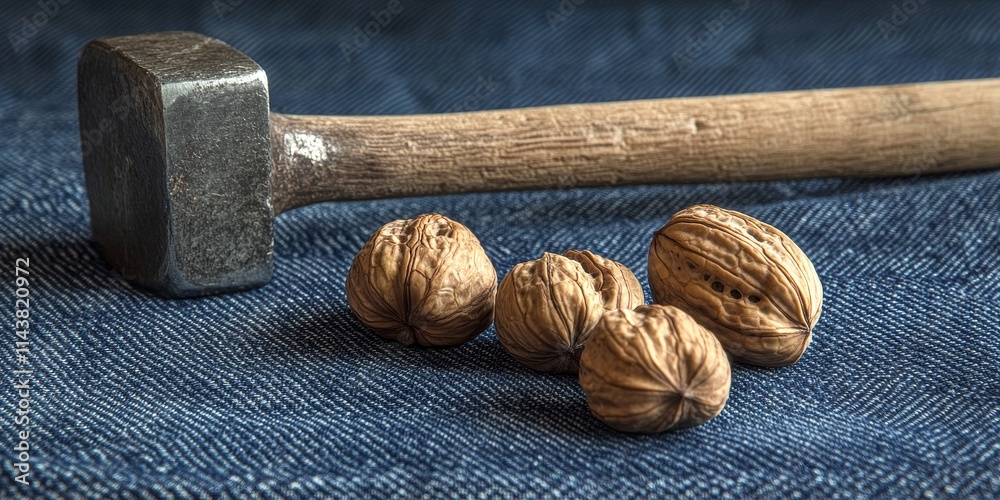 Poster walnuts and a hammer rest on a denim surface, showcasing the natural textures of walnuts alongside t