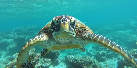 Fototapeta premium Close encounter with a green sea turtle while exploring underwater experience the beauty and grace of the green sea turtle in its natural habitat during this amazing underwater adventure.