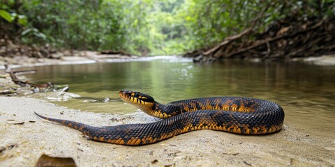 Side view of a Cottonmouth snake, commonly known as Water Moccasin, showcasing its unique features and habitat. This striking Cottonmouth snake stands out in its natural environment.