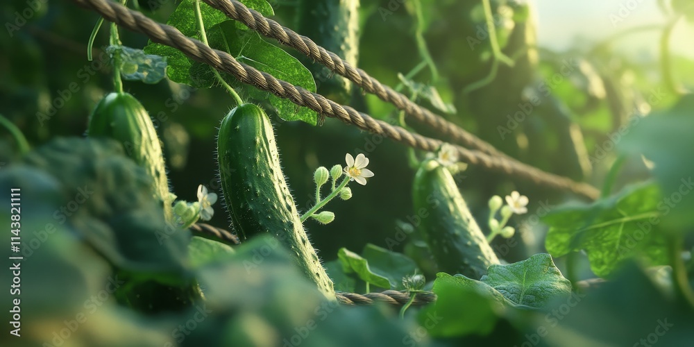Poster Green branches of cucumbers twist and turn along ropes on a trellis. The thriving cucumbers show delicate blossoms, creating a beautiful garden scene with a shallow depth of field.