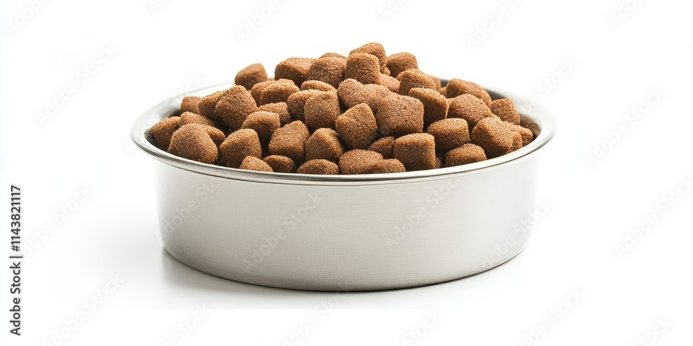 Poster dog or cat food displayed in a bowl, isolated against a white background, perfect for showcasing dog