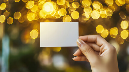 Hand holding blank card outdoors