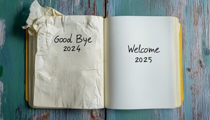 Open journal saying "Goodbye 2024, Welcome 2025" on rustic wooden background