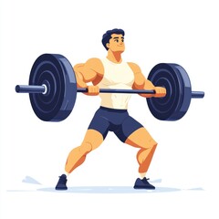 Fototapeta premium Strong man lifting heavy barbell in gym, showcasing power and determination, exhibiting muscular physique while promoting fitness and strength training lifestyle, cartoon style illustration