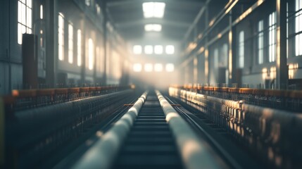 Obraz premium Industrial factory interior with long conveyor belt and sunlight.