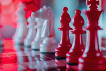 Red and white chess pieces on a glossy surface, strategic and detailed. Soft indoor lighting.