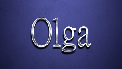3D Chrome name design of Spanish name Olga on blue Background.