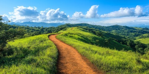 Fototapeta premium Scenic natural trail winding through lush hills, offering a perfect path for outdoor enthusiasts to explore the beauty of nature on this natural trail in the hills.