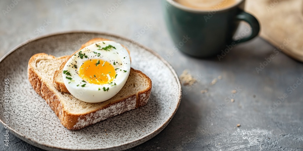 Poster Toaster bread topped with a half boiled egg is beautifully presented on a plate alongside a cup of coffee. This toaster bread creation adds a cozy touch to any setting with ample copy space.