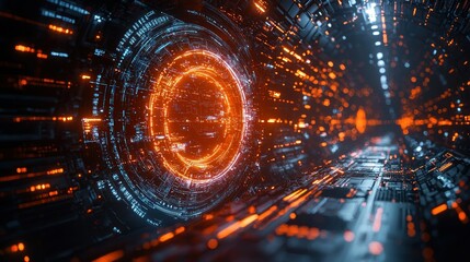Obraz premium Futuristic digital tunnel with glowing elements.