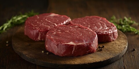 Fototapeta premium Savory beef steaks displayed on rustic wood offer a mouthwatering visual appeal. These delicious beef steaks highlight the rich textures and colors, perfect for any culinary setting featuring beef