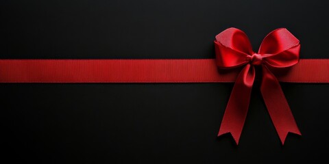 Festive red ribbon and bow displayed on a black background create an elegant atmosphere. This red ribbon and bow combination offers a perfect festive touch with ample copy space.