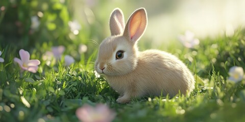 Obraz premium European rabbit, also known as the common rabbit, is a delightful bunny species. This European rabbit, or Oryctolagus cuniculus, can be seen sitting adorably on a lush meadow, enjoying its