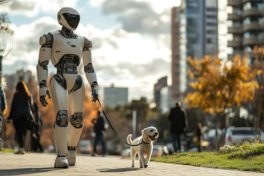 A Humanoid AI robot walks a dog along a city street. Futuristic technology concept. Future.