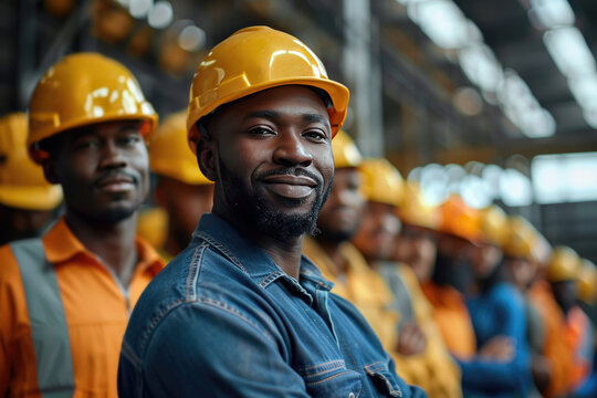 Smiling african american worker leads diverse team in metal factory, showcasing teamwork and success in manufacturing industry. Labor day.