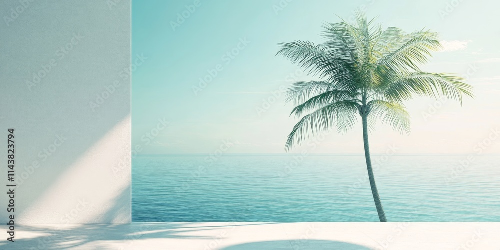 Aufkleber palm tree and ocean view create a minimal floral botanical aesthetic for a travel themed wallpaper. 
