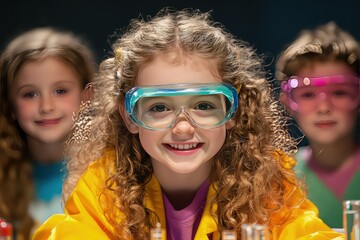 A group of young pupils wearing safety goggles, eagerly conducting a chemistry experiment with colorful liquids in test tubes, smiling and learning together in a classroom lab.