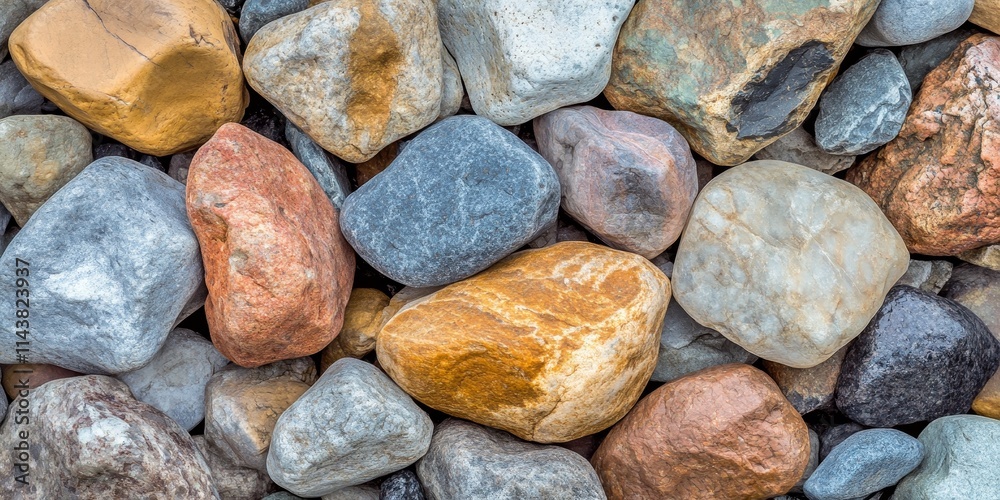 Aufkleber Close up view of multi colored river rocks, showcasing various hues and textures. These multi colored river rocks are perfect for use as wallpaper or as a textured background in design projects.