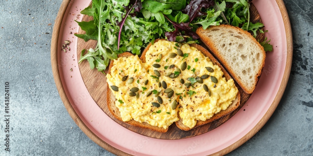 Aufkleber scrambled eggs paired with two roasted slices of bread topped with pumpkin seeds and a fresh green s