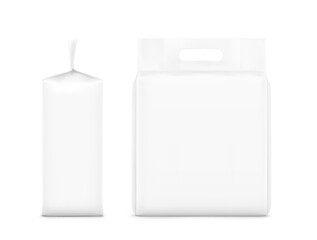 Realistic stand bag with hole handle mockup. Front and side view. Vector illustration isolated on white background. Ready for your design. Suite for the presentation of diaper, foods, wet wipe. EPS10.