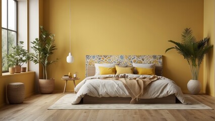 Modern Bedroom Decor Yellow Walls Wooden Bed