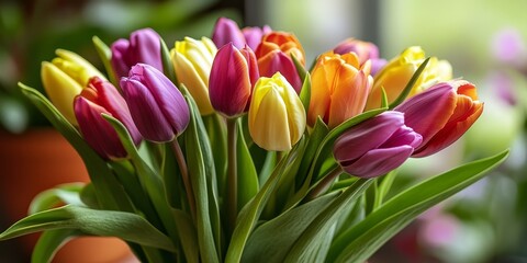 Fototapeta premium Vibrant spring flowers featuring a colorful tulips bouquet, an ideal present for holidays like Mother s Day, Easter, and Valentine s Day, celebrating the beauty of tulips in every occasion.