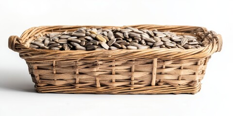 Obraz premium Wooden basket filled with sunflower seeds, set against a clean white background, showcasing the natural beauty and delightful texture of sunflower seeds. Perfect for culinary or decorative use.