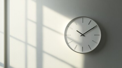 Minimalist white wall clock showing time, sunlight through window.