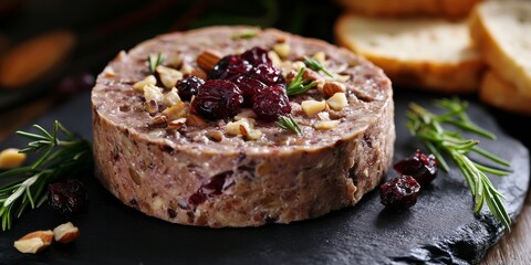 Savory meat pate features a delightful blend of liver, nuts, and dried cranberry, creating a delicious pate experience that captivates the taste buds with rich flavors and textures.