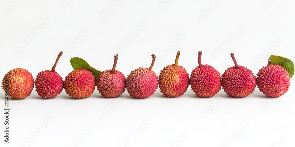 Poster Fresh lychees displayed on a white background, showcasing the vibrant texture and color of lychees. This image captures the essence of ripe lychees in a clean and appealing way.