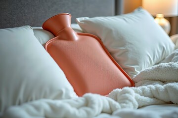 Hot water bottle resting on a cozy bed, providing warmth and comfort during cold nights. Embracing the simple pleasures of home and relaxation.