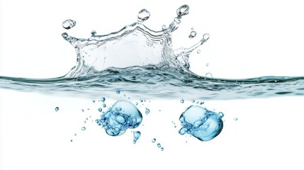 Water droplets creating splashes in a clear body of water with bubbles rising in the air