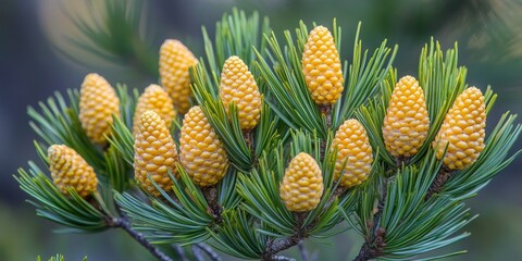 Fototapeta premium Vibrant yellow pine cone buds erupt like fireworks in a tree, showcasing the beauty of nature. These bright yellow pine cone buds create a stunning visual display in the landscape.