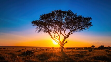 Savannah sunset with an acacia tree silhouette, dramatic and beautiful scene. Backlit by the setting sun.