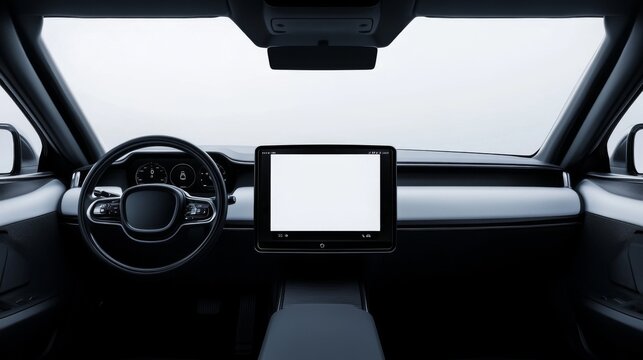 Modern car interior with blank touchscreen display.