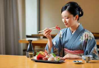 刺身を食べる日本人女性