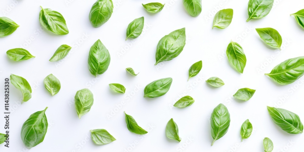 Poster fresh green basil leaves against a white background create a vibrant and appealing visual of green b