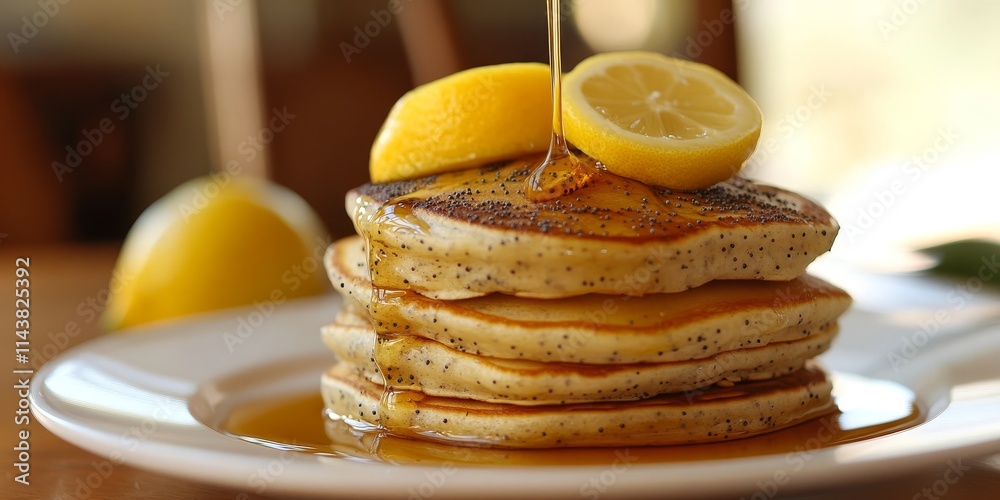 Aufkleber delicious homemade pancakes featuring poppy seeds and lemon, drizzled with honey, create a delightfu