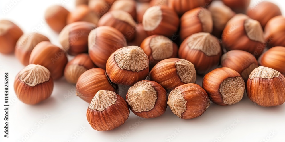 Poster close up view of hazelnuts in their shells resting on a white background, showcasing the natural bea