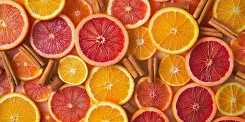 Vibrant orange and red citrus circle slices garnished with cinnamon create a stunning visual. These citrus slices bring a delightful burst of color and flavor, perfect for culinary inspiration.