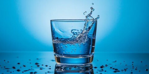 Splash of blue water captured in a glass against a blue background, creating a stunning visual with a reflection that enhances the vibrant blue water effect. Blue water makes a captivating scene.