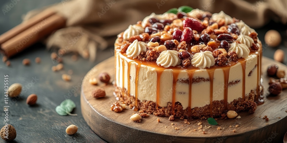 Aufkleber delicious salted caramel and nuts cake displayed with selective focus. this tempting salted caramel 