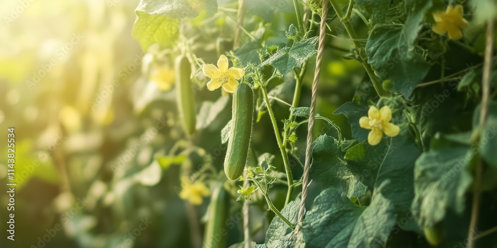 Aufkleber Green branches of cucumbers twist and turn along ropes on a trellis. The thriving cucumbers show delicate blossoms, creating a beautiful garden scene with a shallow depth of field.