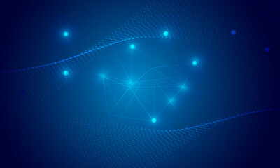 blue dot lines circuit wave curves with polygon shape high technology networking abstract background