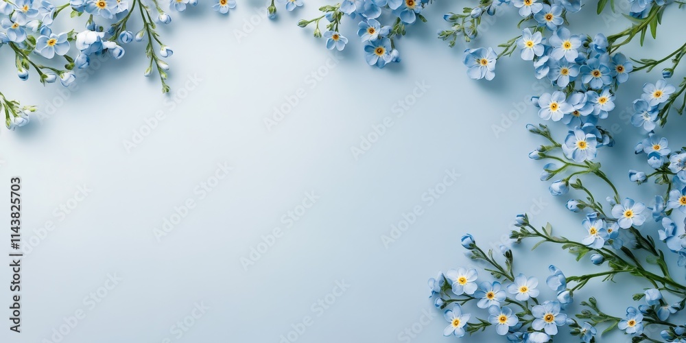Poster delicate forget me not flowers in soft blue hues arranged beautifully, featuring ample space for tex