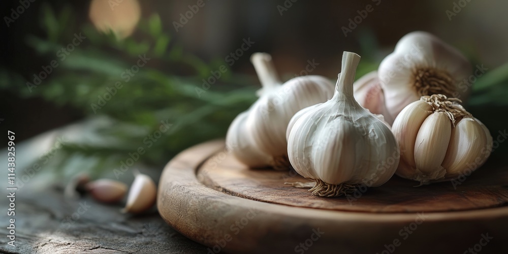 Aufkleber Close up of garlic displayed on a wooden plate amidst a rustic background, featuring shallow depth of field and selective focus to highlight the intricate details of garlic in macro photography.
